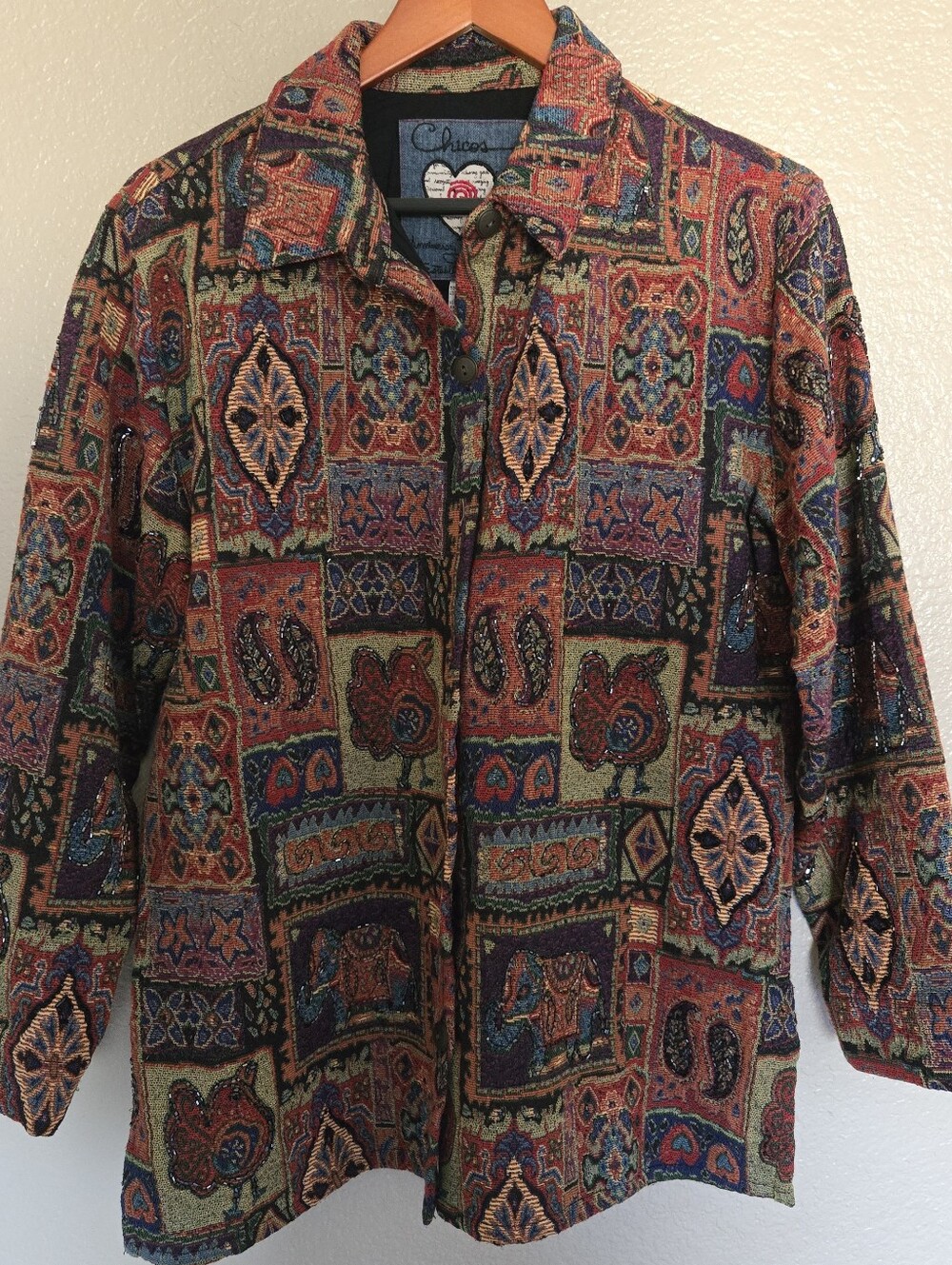 Chico's Tapestry Wearable Art Blazer Boho, Farm, Festival, Vintage Patchwork